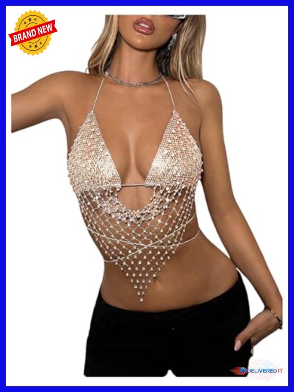 Glitter Rhinestone Criss Cross Halter Crop Top - Sleeveless Backless